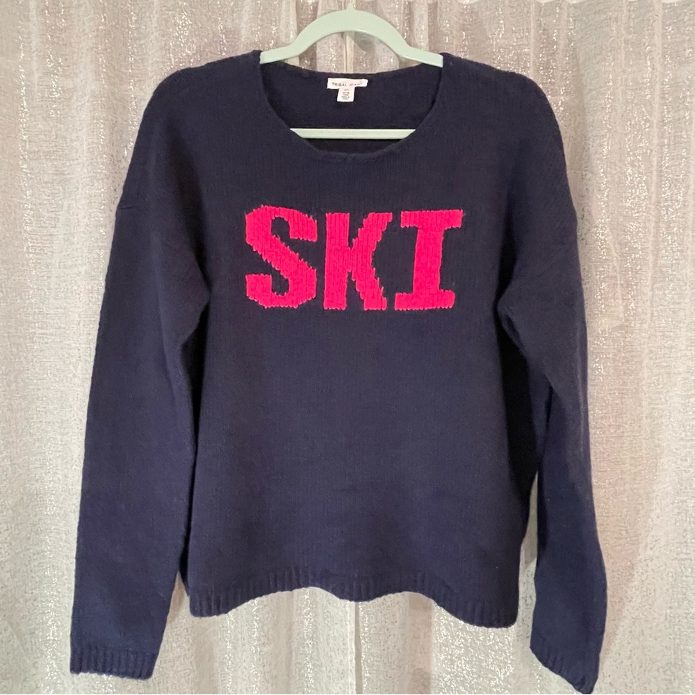 Navy Blue Sweater with Pink Ski Design size L